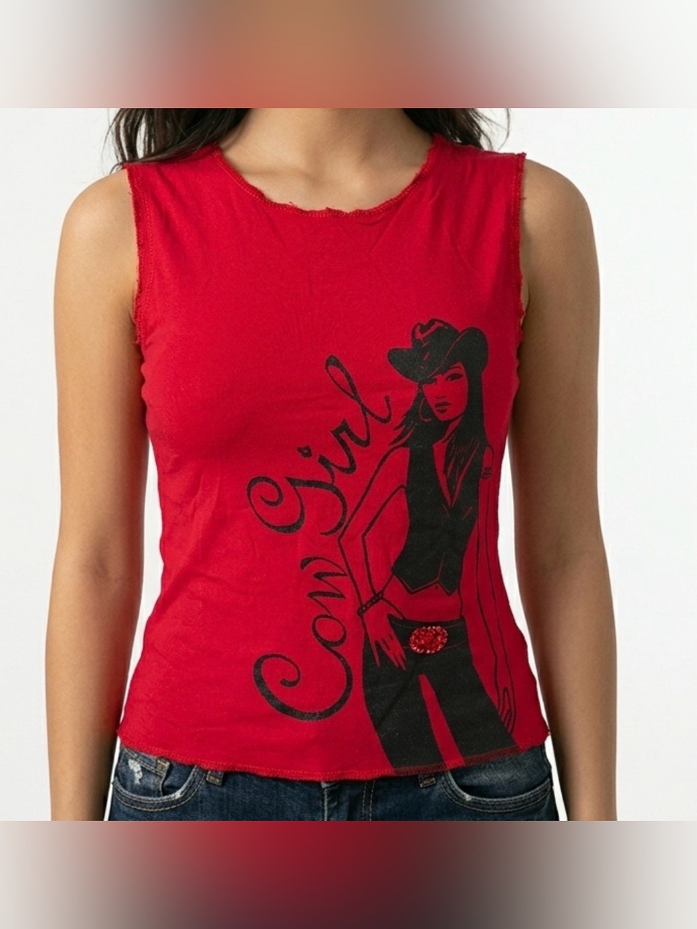 DKNY Red Cowgirl Graphic Tank Top With Rhinestones and Glitter.